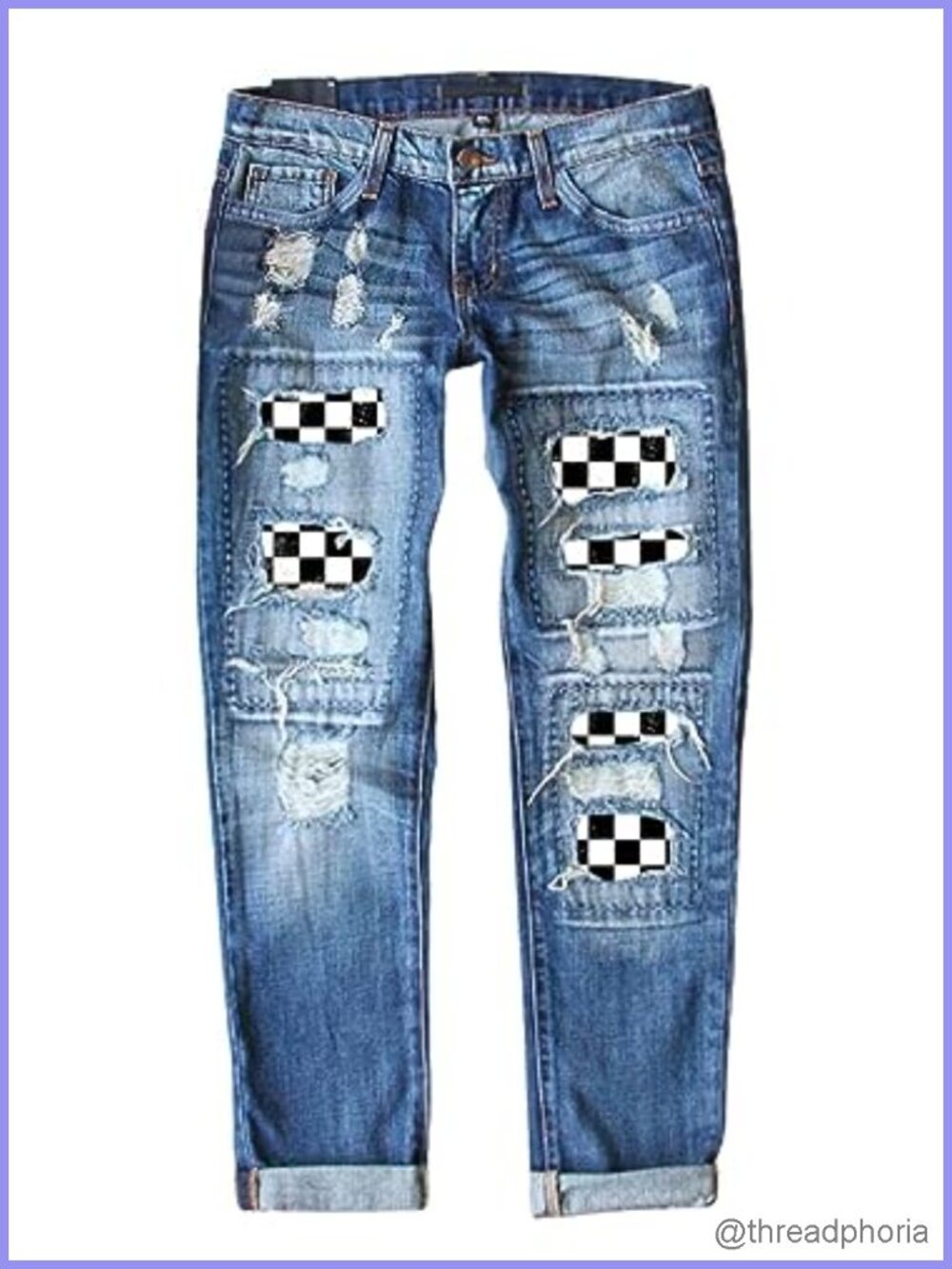 Boyfriend Ripped Jeans Women Distressed Patch Plaid Denim Pants